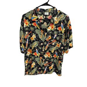 Island Planet Miami Beach Hawaiian Shirt M Tropical Surfboard Floral Black Rayon